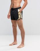 Asos Runner Swims Shorts In Black With Metallic Gold Side Panels In Short Length - Black
