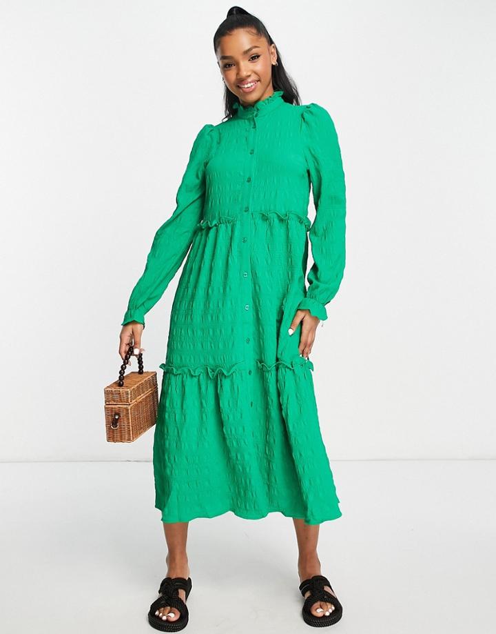 Monki Polyester Tiered Midi Smock Dress In Bright Green - Mgreen
