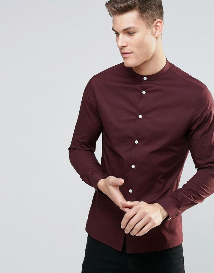 Asos Skinny Shirt In Dark Plum With Grandad Collar And Long Sleeves - Dark Plum