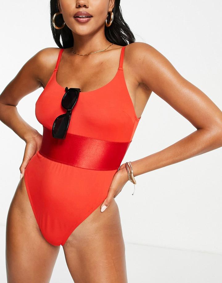 We Are We Wear Debbie Deep Band High Leg Swimsuit In Red