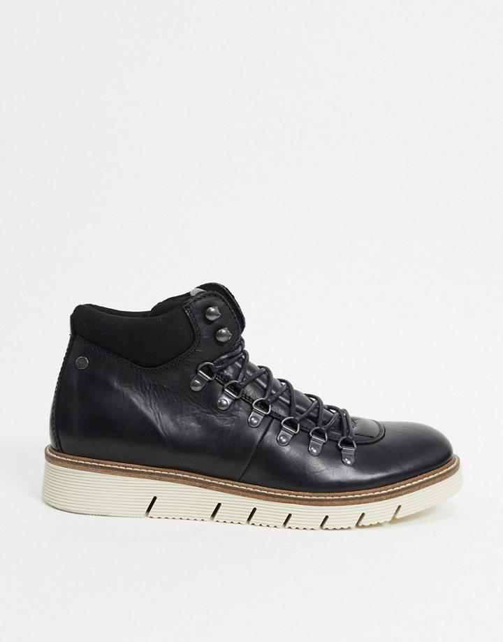 Jack & Jones Leather Hiking Boot With Contrast Sole In Black