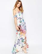 Asos Wedding Bardot Fishtail Maxi In Floral Print - Multi