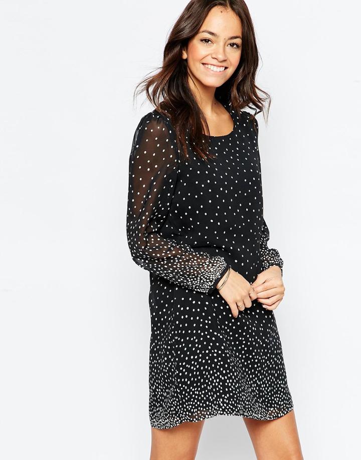 Yumi Long Sleeve Shift Dress In Polka Dot - Black