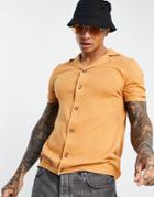 Asos Design Knit Button Up Shirt In Tan-brown