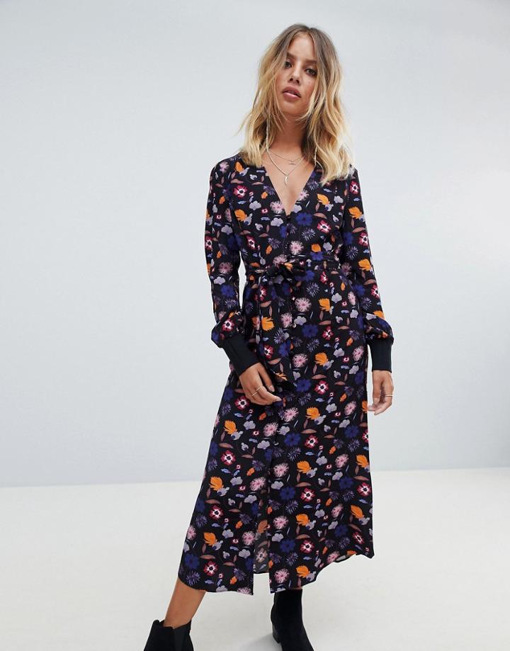 Ba & Sh Buttondown Midi Dress In 70s Print - Multi