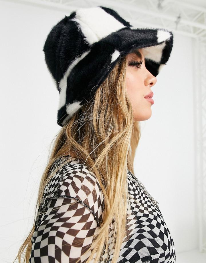 Bershka Fluffy Bucket Hat In Monochrome Checkerboard-multi