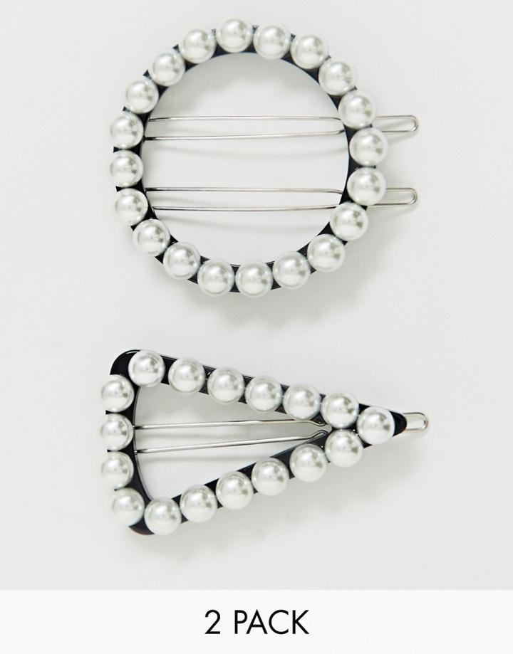 Asos Design Pack Of 2 Hair Clips In Open Pearl Shapes - Multi