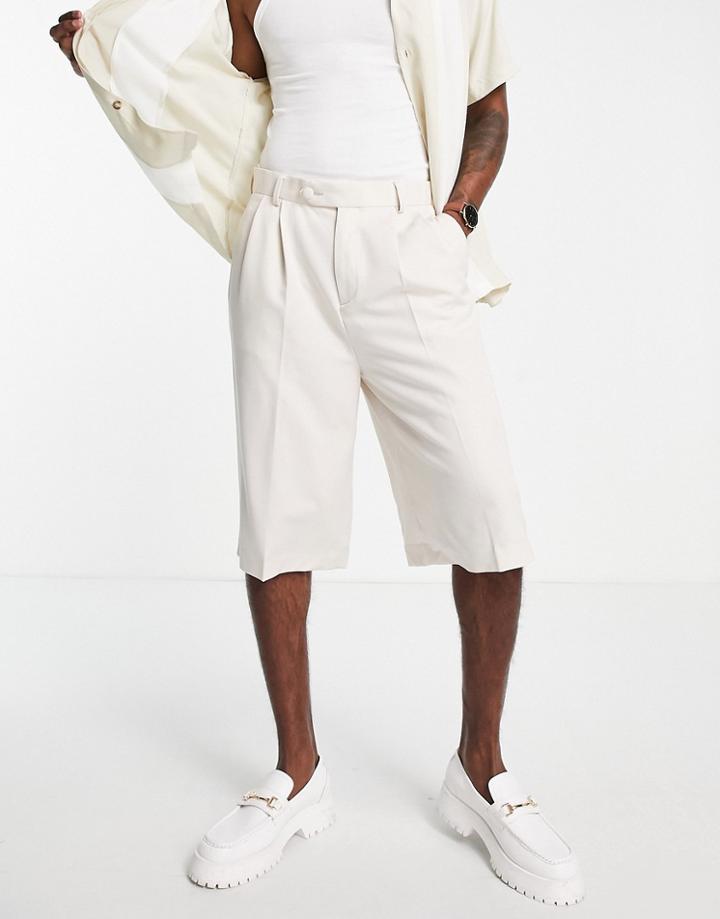 Asos Design Smart Longline Wide Shorts In Ecru-white