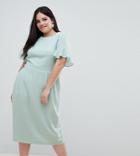 Asos Design Curve Midi Wiggle Dress With Fluted Sleeve - Green