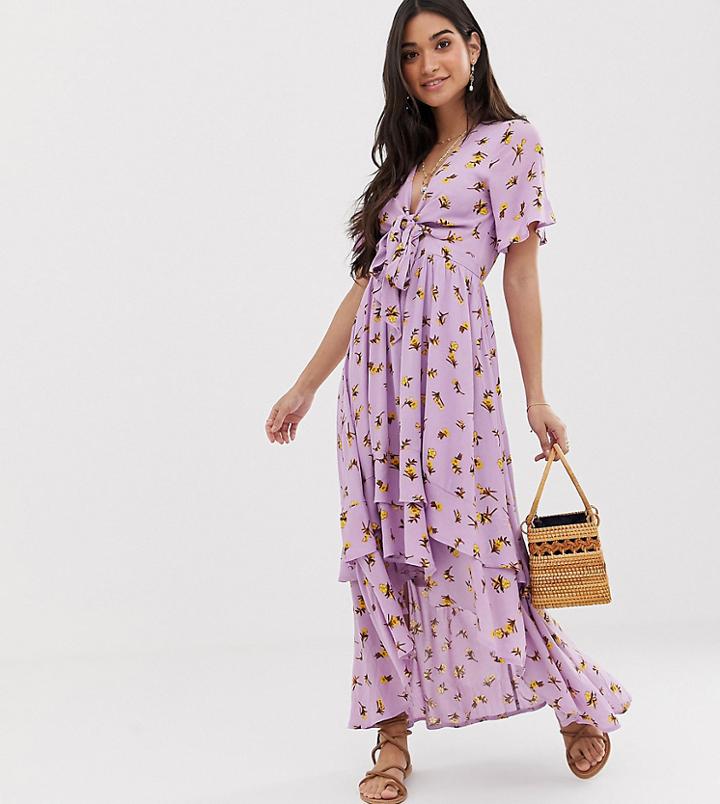Sisters Of The Tribe Asymmetric Midi Dress With Tie Front - Purple