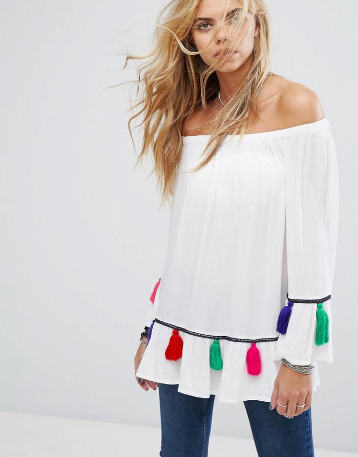Noisy May Off The Shoulder Woven Top With Multi Tassles - White