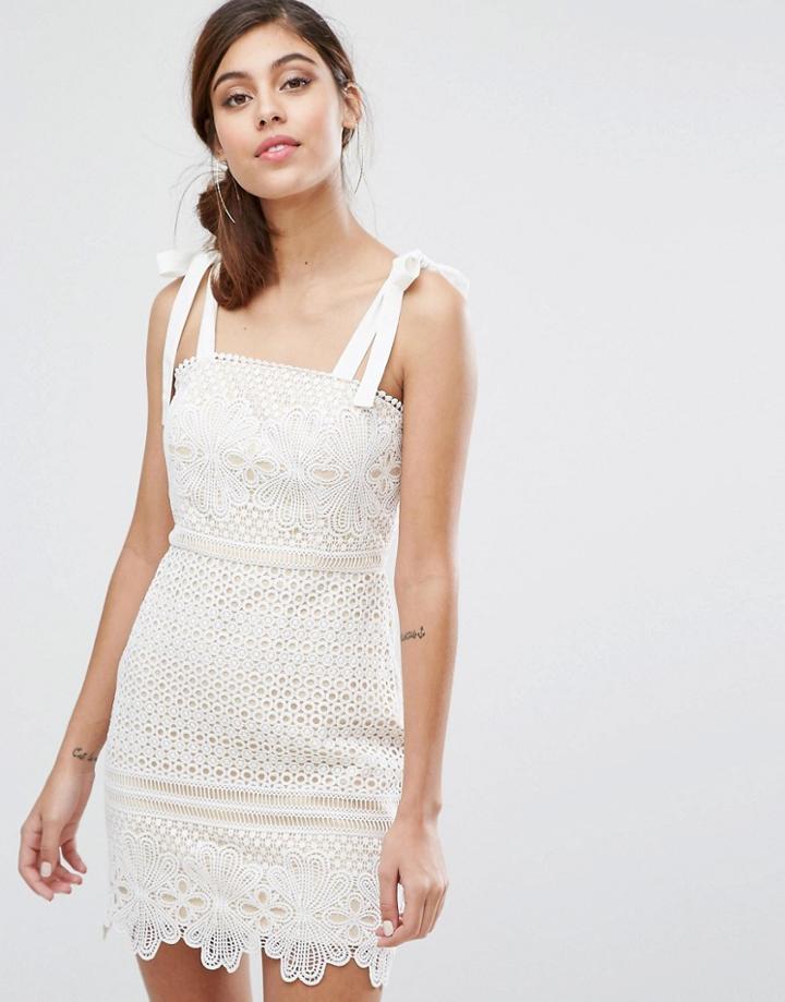 Dark Pink Lace Mini Dress With Tie Shoulders - White