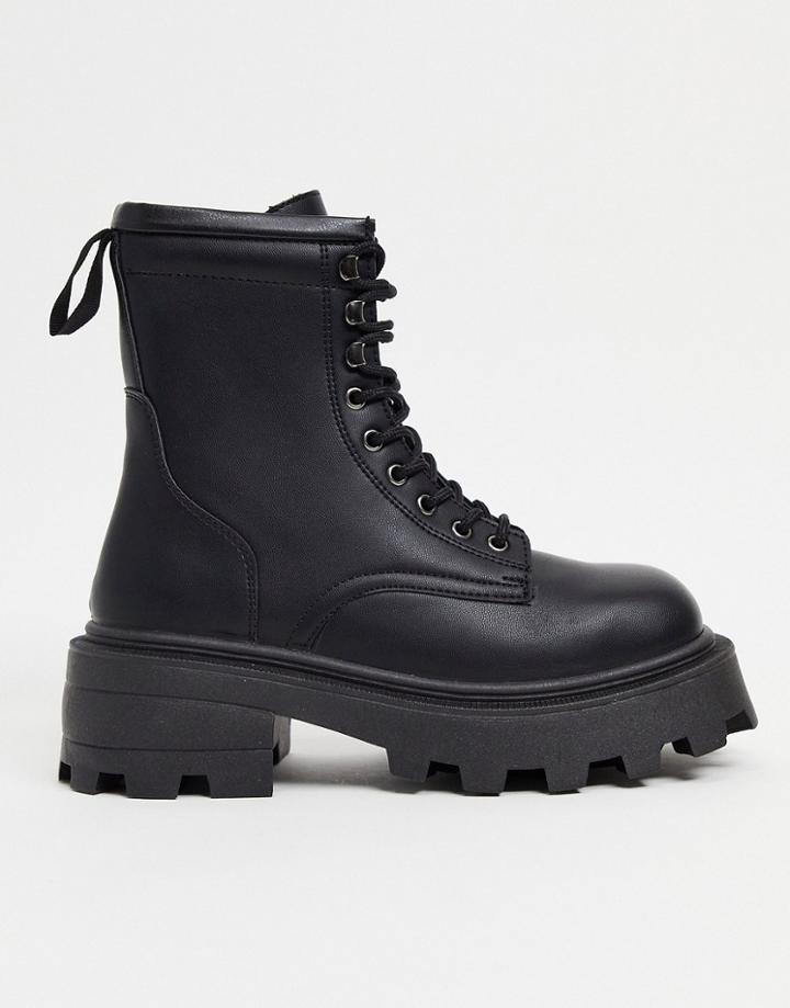 Topshop Square Toe Chunky Lace Up Boots In Black