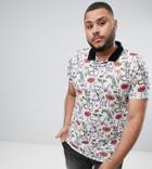 Asos Design Plus Polo With All Over Floral Insect Print In Linen Mix - White