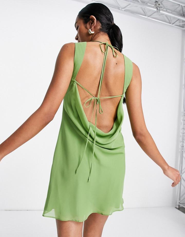 Asos Design Cowl Neck Strap Detail Mini Dress In Olive-green