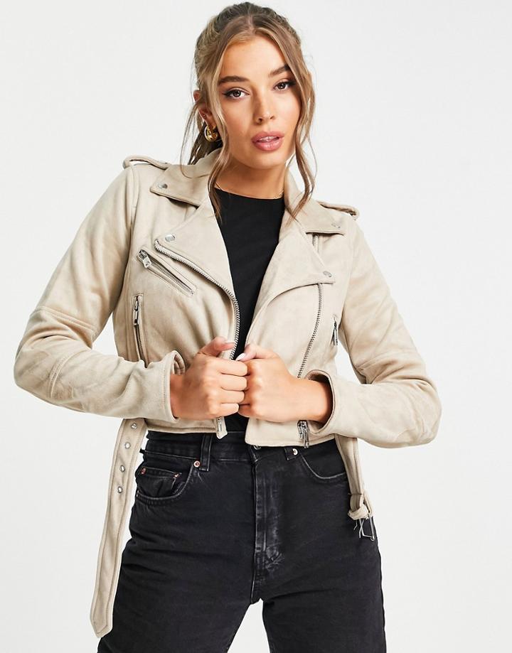 Pull & Bear Suedette Biker Jacket In Beige-neutral