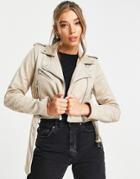 Pull & Bear Suedette Biker Jacket In Beige-neutral