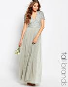 Maya Tall V Neck Maxi Tulle Dress With Tonal Delicate Sequins - Sage