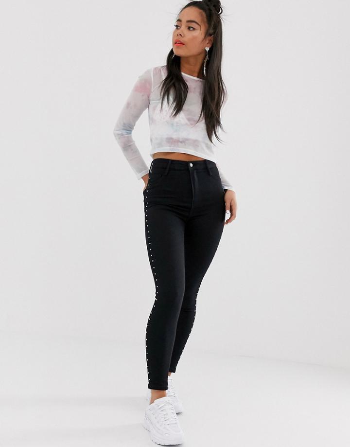Bershka Skinny Pants With Studs In Black - Black