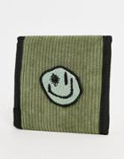 Asos Design Cord Wallet In Khaki With Smiley Badge-green