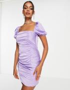 Naanaa Ruched Puff Sleeve Satin Mini Dress In Purple