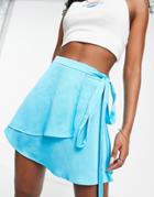 Stradivarius Satin Wrap Mini Skirt In Pop Blue