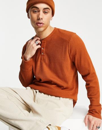 Gilly Hicks Waffle Henley Lounge Long Sleeve Top In Brown