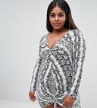 Lasula Plus Ruched Front Bodycon Dress In Snake - Multi