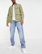 Asos Design Cone Mill Denim Straight Leg 'american Classic' Jeans In Tinted Light Wash With Rips-blue