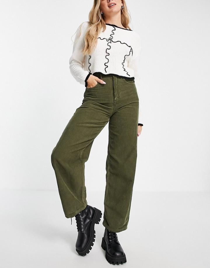 Topshop Cord Baggy Jean In Khaki-green