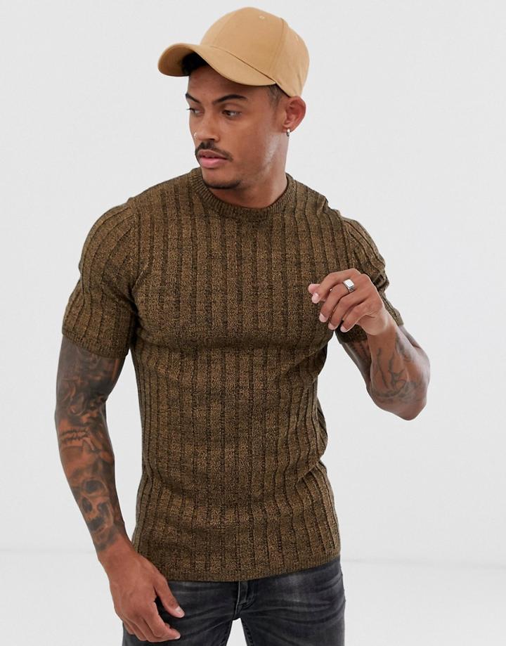 Asos Design Knitted Ribbed T-shirt In Tan Twist - Tan