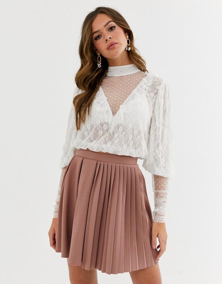 Asos Design Top In Mixed Lace With Ruffle And Puff Sleeve - White