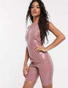 Asos Design High Neck Short Unitard In Vinyl-pink