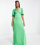 Flounce London Tall Flutter Sleeve Maxi Dress With Plunge Front In Bold Green Satin