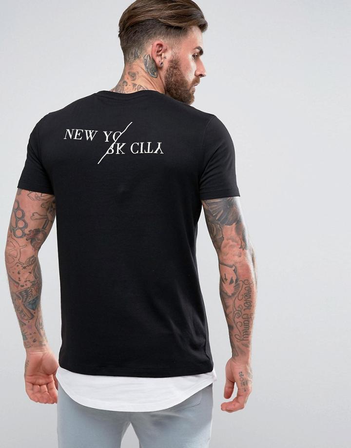 Asos Longline T-shirt With New York Back Print And Extended Hem - Black