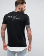 Asos Longline T-shirt With New York Back Print And Extended Hem - Black