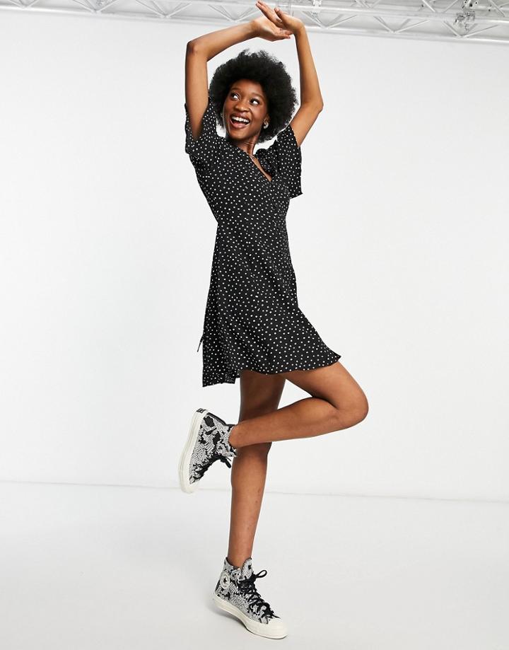 Asos Design Button Through Tie Back Mini Tea Dress With Angel Sleeves In Mono Dot Print-multi