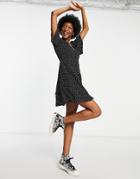 Asos Design Button Through Tie Back Mini Tea Dress With Angel Sleeves In Mono Dot Print-multi