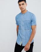 Soul Star Short Sleeve Grandad Denim Shirt - Blue