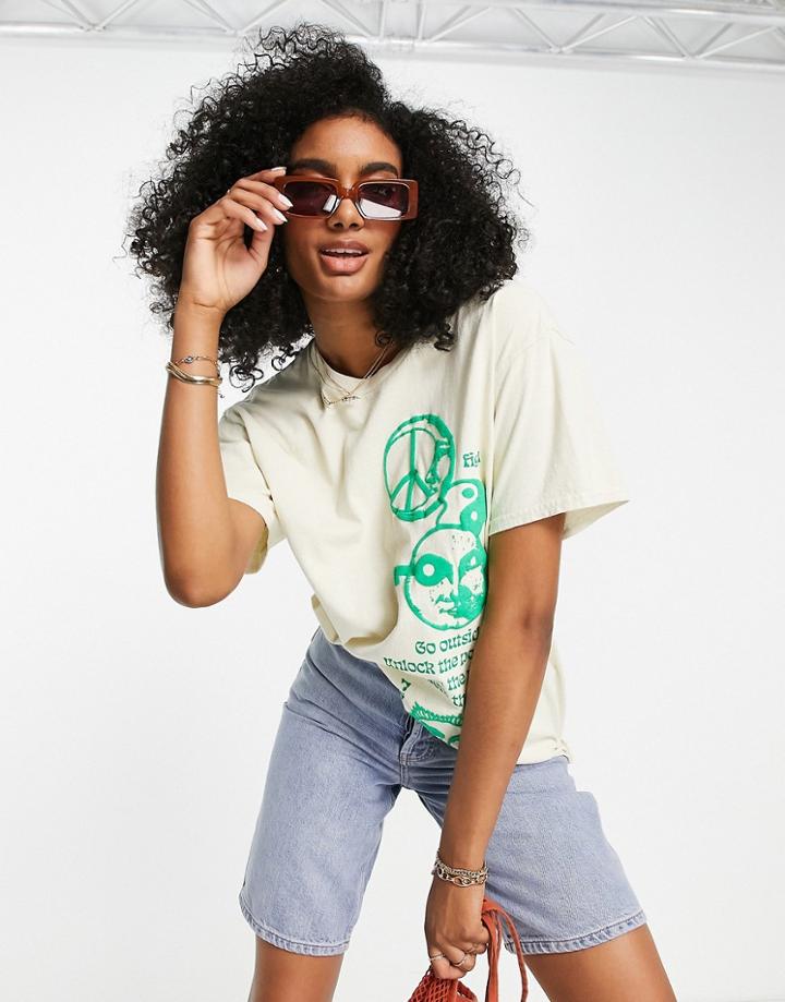 Topshop Puff Print Mystic Oversized Tee In Ecru-white