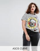 Asos Curve T-shirt In Stripe With Guns N' Roses Print And Sequin Badges - Multi