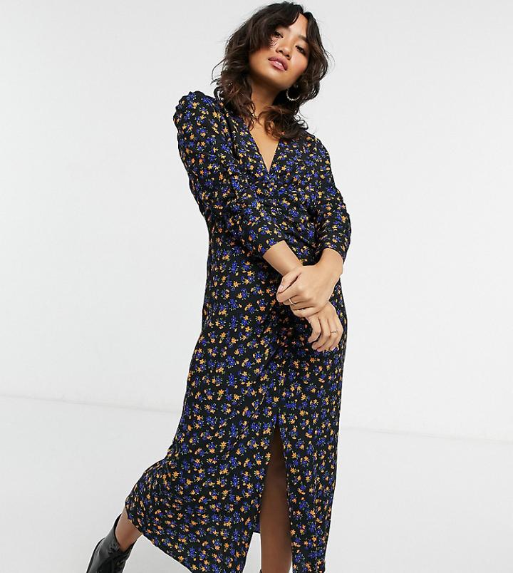 Topshop Petite Plunge Front Midi Dress In Black Print