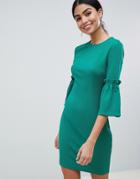 Ax Paris Long Sleeve Shift Dress With Tie Detail - Green