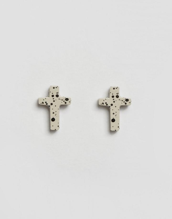 Asos Cross Earrings In Semi Precious Look Stone In Gray - Gray