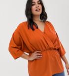 Asos Design Curve Wrap Top With Ruched Sleeves - Orange