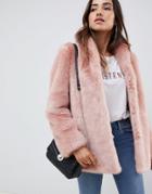 Asos Design Stand Collar Faux Fur Coat - Pink