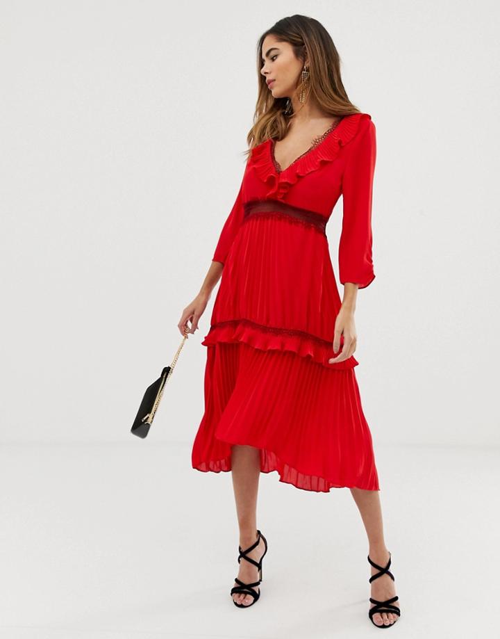 Liquorish Pleated Midi Dress With Contrast Lace Inserts And Ruffle Detail - Red