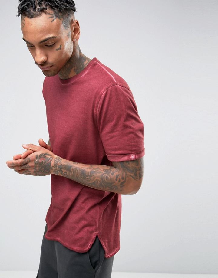 Asos Longline T-shirt With Stepped Hem And Roll Sleeve - Red
