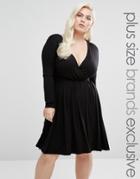 Club L Lounge Plus Long Sleeve Wrap Front Skater Dress - Black