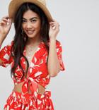 Asos Design Petite Tie Front Beach Two-piece Top In Senorita Floral Print - Red